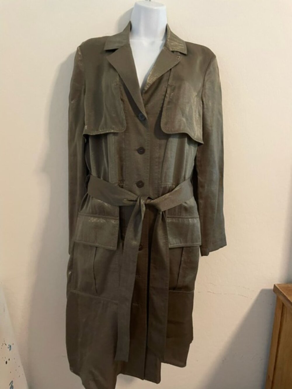 W by Worth Shimmering Khaki Trench Coat Dress. Belt/pockets SMALL EUC